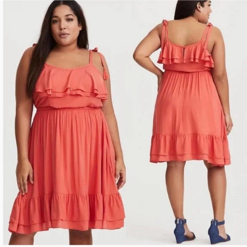 Torrid Coral Ruffled Tiered Challis Skater Dress Tassel Tie Womens Plus Size 4